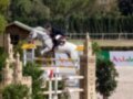 Jinete saltando sobre un obstáculo en un concurso de equitación, con miniaturas de torres andalusíes en el fondo.
