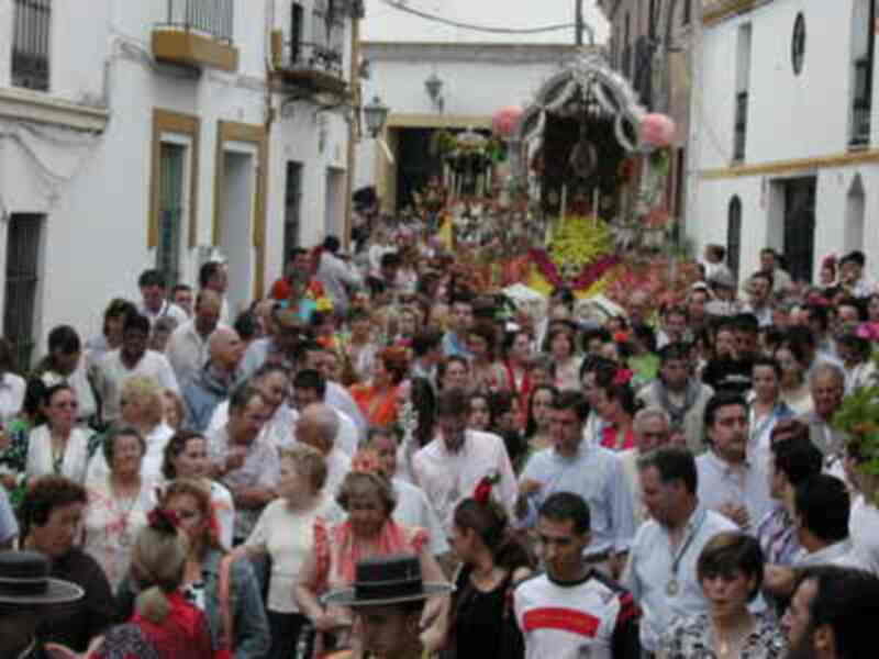 Fiesta tradicional con procesión y gente vestida de trajes típicos en una calle de España