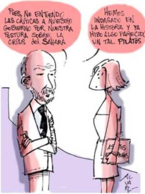 Un dibujo humorístico que muestra a una persona hablando a otra, con un tono crítico sobre la crisis del Sahara.
