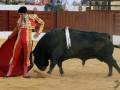 Un torero se enfrenta a un toro durante una corrida de toros en una plaza de toros.