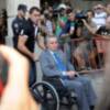 Ortega Cano reaparecio para declarar ante el juez  sereno, vestido de chaqueta y corbata , convaleciente y en silla de ruedas junto a su hijo Jose Fernando  