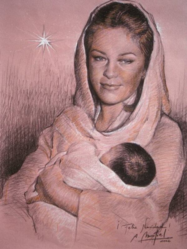 Un dibujo en colores pastel muestra a una mujer con un bebé en brazos. La imagen tiene un fondo rosa y una estrella brillante en el cielo. El texto "¡Feliz Navidad!" está escrito debajo de la imagen, junto con el nombre y firma del artista.