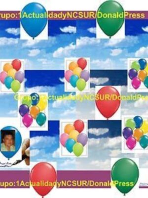 Gráfico de grupo con globos de colores y fondo de cielo azul.