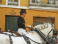 Hombre en traje negro y sombrero negro montando un caballo blanco en una calle amarilla con edificios de fondo.