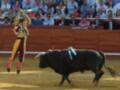 Un matador de toros salta con una muleta azul en la mano derecha, evitando el ataque de un toro negro y blanco. La audiencia observa desde los palcos detrás del ruedo.
