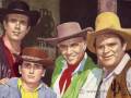 Esta es una imagen de los actores de la serie "The Andy Griffith Show". Se pueden ver cuatro hombres vestidos con trajes típicos de vaqueros, incluyendo sombreros y chalecos. La imagen parece ser una representación artística o póster de la serie, con un estilo que sugiere el western americano.