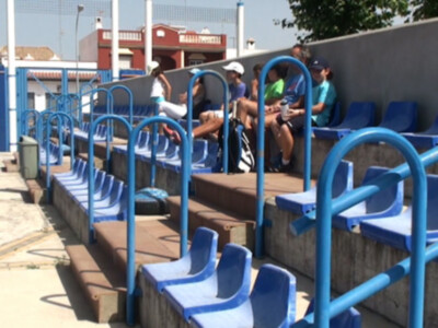 Un grupo de personas se sienta en una fila de sillas azules en un estadio, con un edificio y árboles al fondo.