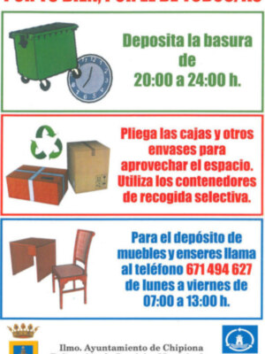 Instrucciones para el depósito de basura y reciclaje en Chipiona, horarios y métodos de recogida selectiva.