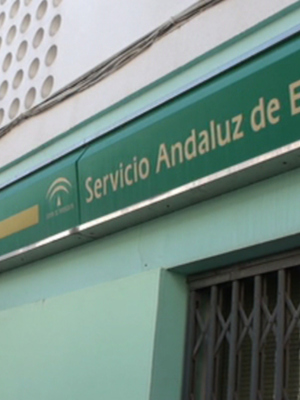 Servicio Andaluz de Empleo, oficina ubicada en una edificación con ventanas y un marco de metal.