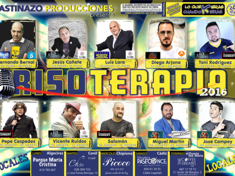 Desde el 27 de Junio al 4 de Septiembre, BASTINAZO PRODUCCIONES ofrece un circuito de cómicos en la provincia de Cádiz denominado Risoterapia.