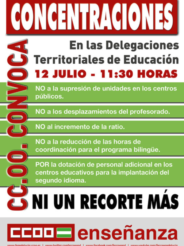 CCOO se moviliza el próximo 12 de julio contra la supresión y desplazamiento de profesorado en la educación pública andaluza