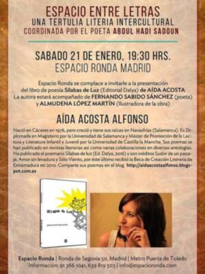 "SÍLABAS DE LUZ" de Aída Acosta se presentará en MAdrid este sábado a las 19.30 horas