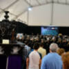 Diversas Hermandades de los Municipios de la Provincia con los productos artesanales en la feria del turismo religioso en la Diputación de Sevilla.