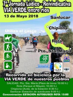 7ª Jornada Lúdico-Reivindicativa en la Via Verde entre ríos, Sanlúcar a Rota y Chipiona. 13 de Mayo 2018. Recorrido en bicicleta por la Via Verde, salidas desde Pto. Sta. María y Rota. Concentración en Estación de autobuses Rota a las 12:00 h.