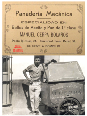 Panadería Mecánica especializada en bollos de aceite y pan de 1ª clase. Manuel Cerpa Bolaños, Pablo Iglesias, 22, Isaac Peral, 35. Se sirve a domicilio.
