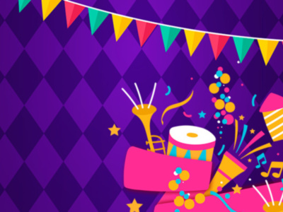 Fiesta de carnaval con bolas de colores, sombreros y banderines en un fondo de cuadros.