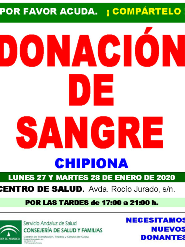 Llamamiento a la donación de sangre el lunes y el martes en Chipiona