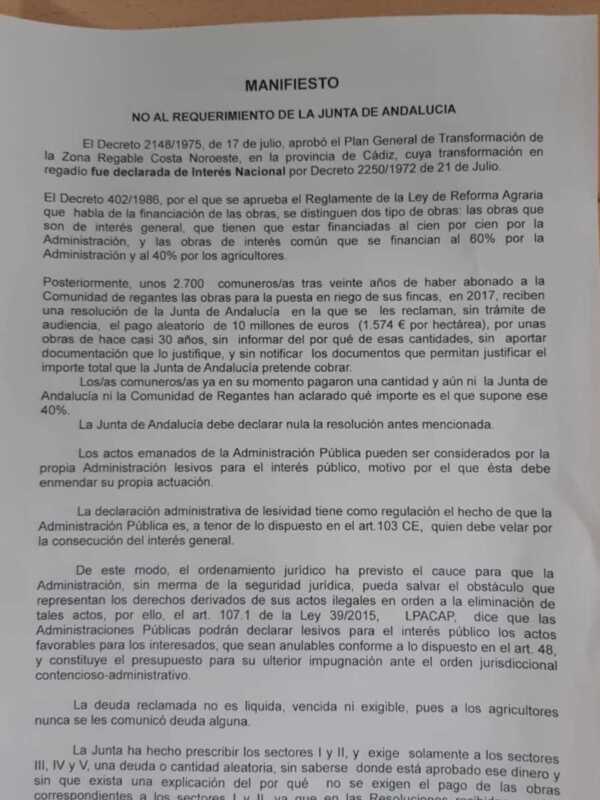 La plataforma de regantes afectados inicia una recogida de firmas para mostrar el rechazo al requerimiento de la Junta del cobro de 10 millones
