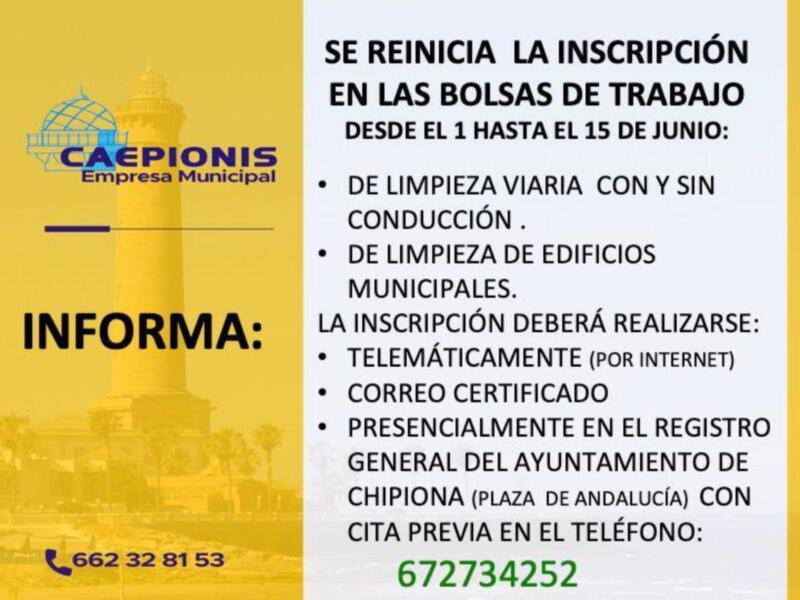 La Empresa Municipal Caepionis reanuda  las inscripciones en sus bolsas de trabajo hasta el 15 de junio