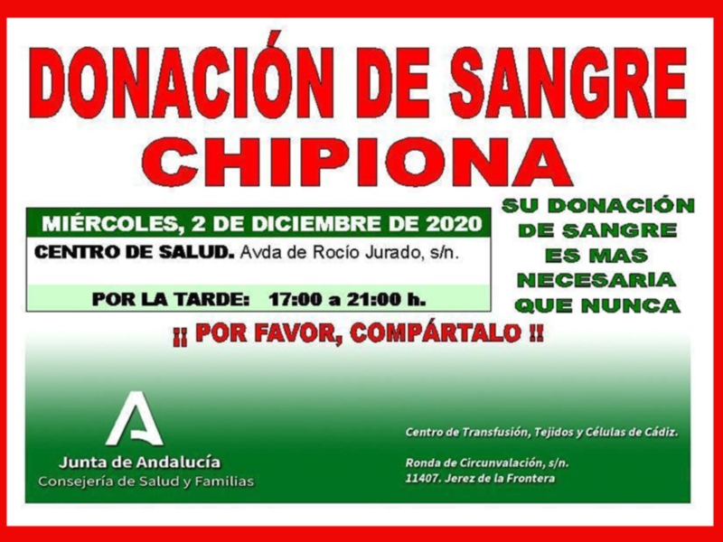 Llamamiento a una nueva donación colectiva de sangre en Chipiona hoy miércoles 2 de diciembre 