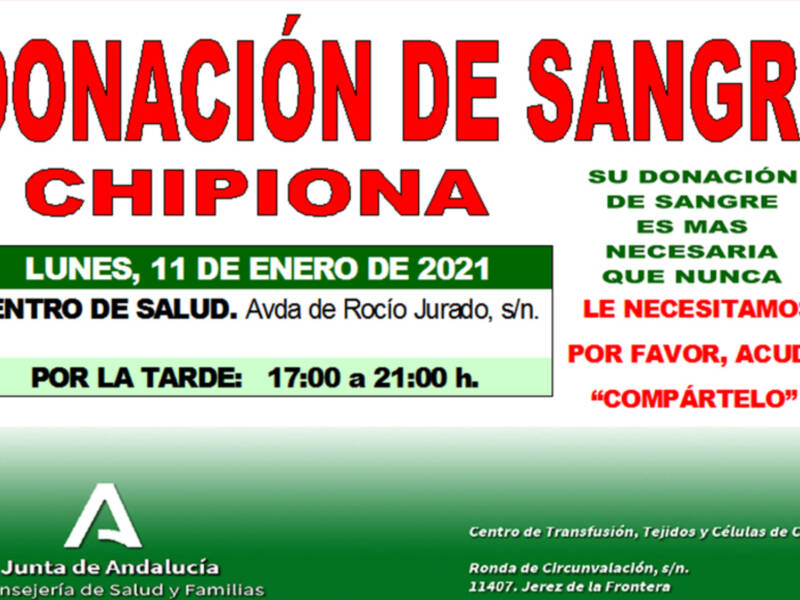 Llamamiento a dar vida donando sangre en Chipiona el próximo lunes 11 de enero 