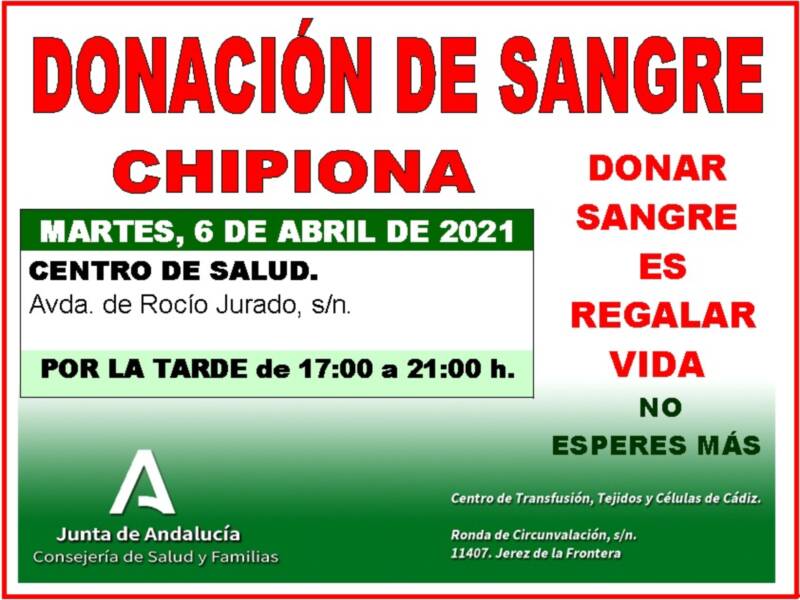 Llamamiento a dar vida donando sangre este martes 6 de abril en Chipiona