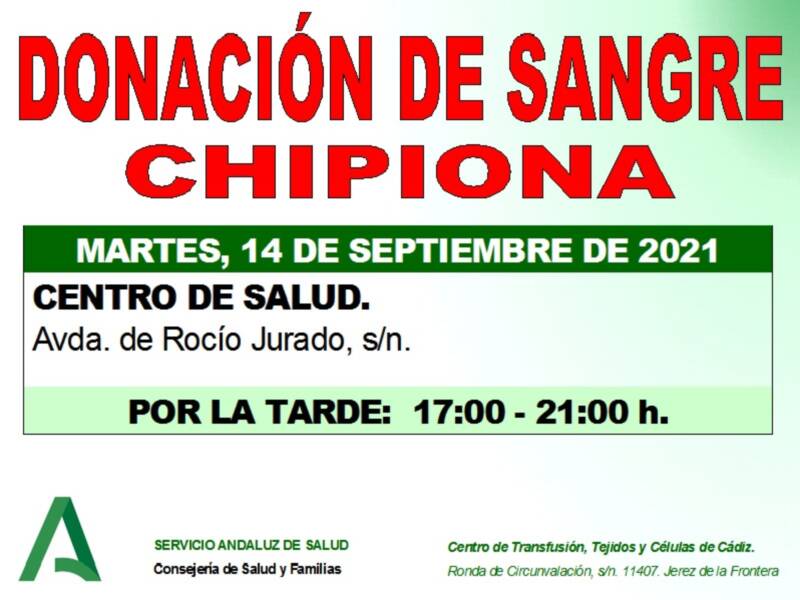Convocan donación de sangre para el próximo martes 14 de septiembre de 17 a 21 horas en el Centro de Salud Tolosa Latour de Chipiona