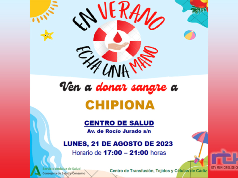 Llamada para una nueva donación colectiva de sangre el lunes 21 de agosto en Chipiona