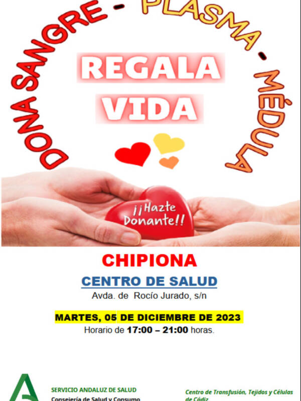 El Centro de Transfusión, Tejidos y Células de Cádiz convoca colecta de sangre en próximo 5 de diciembre en Chipiona