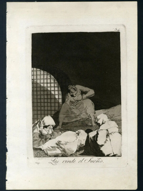 Grabado de Goya titulado 'Las vendas del sueño', muestra a una mujer acostada en un lecho con una venda en la cabeza, representando el sueño.