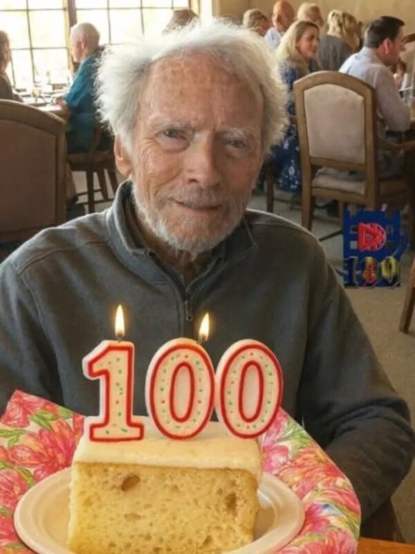 Un hombre con cabello blanco y barba sonriendo mientras sostiene un pastel de cumpleaños con una vela número 100. La imagen está tomada en un ambiente festivo, con sillas y mesas al fondo.