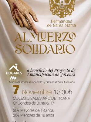 El sábado 7 de noviembre Almuerzo solidario de la Hermandad de Santa Marta para el proyecto Emancipación de jóvenes