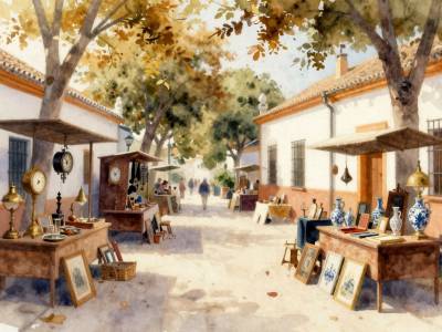 Ilustración alegórica de un mercadillo de antigüedades al aire libre en un barrio arbolado de Sevilla